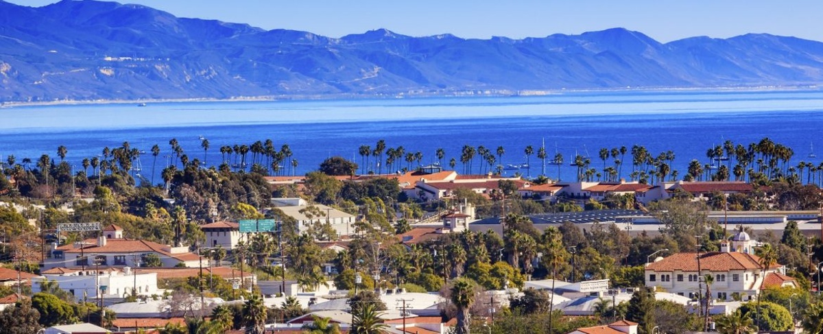 view of Santa Barbara's skyline showing local architecture with ocean off in the distance